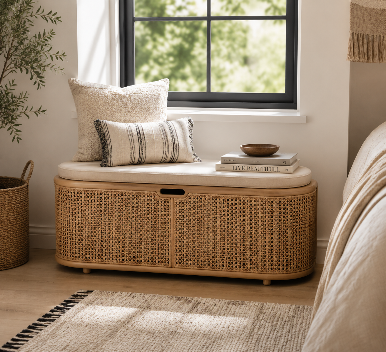 Movellaq™ Virelia Rattan Storage Basket Bench